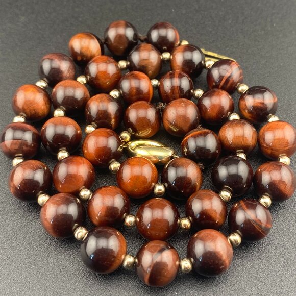 Vtg 9K Solid Gold Ball & 10mm Tigers Eye Beaded Necklace 18" - Lots of Gold - Picture 3 of 15